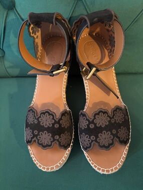 See By Chloé Black Floral Laser-Cut Espadrille Wedge Sandals